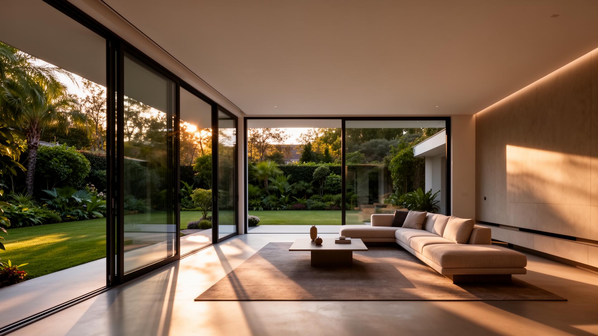 Modern interieur met grote schuifpui